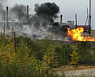 Burning oil-gas by the Sakhalinneftegaz state company. Sakhalin Island on the Sea of Okhotsk, Russian Federation.