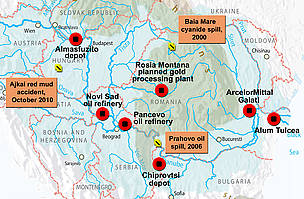 Map showing past industrial spills and potential threats along the Danube.