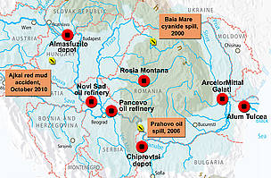Map showing past industrial spills and potential threats along the Danube.