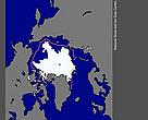 Daily arctic sea ice extent on September 10, 2010 was 4.76 million square kilometres (1.84 million square miles). The orange line shows the 1979 to 2000 median extent for that day. The black cross indicates the geographic North Pole.