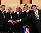 Mr Oliver Dulic, Mr Roko Žarnic, Mr Sándor Fazekas, Mr Jasen Mesic and Mr Günter Liebel after signing the historic declaration. 
