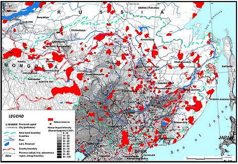 Human footprint intensity and protected areas coverage in Amur-Heilong River Basin / ©: WWF rel=