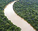 Aerial shot of a winding river, Amazon rainforest, Loreto region, Peru.