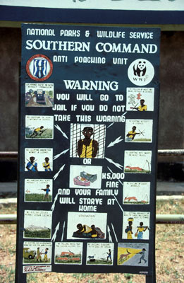 Anti-poaching signboard at Lochinvar National Park Kafue Flats, Zambia. / &copy;: WWF-Canon / Sandra MBANEFO OBIAGO
