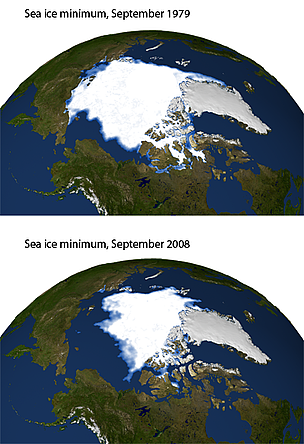 Sea ice extent comparison at the Arctic - mimumum ice reach comparison between 1979 and 2008. / &copy;: NASA