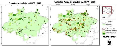 Protected areas in the Amazon prior to ARPA (2002) and supported by ARPA (2006) / ©: WWF-Brazil Map showing protected areas in the Amazon prior and post ARPA rel=