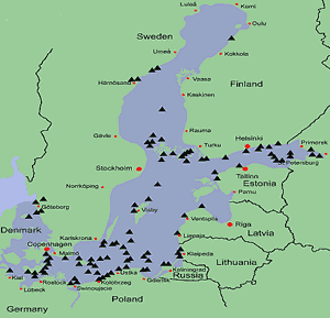 The sites of ship accidents in the Baltic Sea in the years 1989-1999. Source: Marine Safety in the ... / ©: WWF The sites of ship accidents in the Baltic Sea in the years 1989-1999. Source: Marine Safety in the ... / ©: WWF