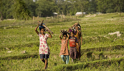 Children gathering firewood in the buffer zone that surrounds Royal Bardia National Park, Nepal. ... / ©: Simon de Trey-White / WWF-UK rel=