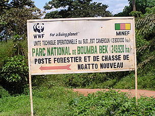 Sign board at one of WWF base camps around the newly created Boumba Bek National Park, Cameroon / ©: WWF Jengi Project / ©: WWF Jengi Project