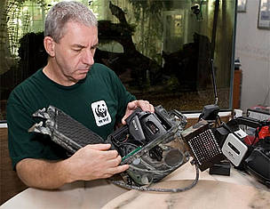 Stephen Hogg, WWF-Malaysia, developing the video camera trap used to capture the Borneo rhino on ... / ©: Salmiah Abu / ©: Salmiah Abu