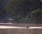 Floating house and man in canoe Mamirau‡, Amazonia, Brazil
