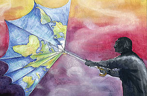 Umbrella blown inside-out with a map of the earth on it. / ©: Paint for the Planet - Charlie Sullivan, UK / ©: Paint for the Planet - Charlie Sullivan, UK