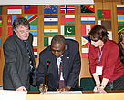 Mamadou Diallo from the WWF-West African Marine Ecoregion Programme signing a new intergovernmental agreement to conserve the West African Manatee and Small Whales in Western Africa and Macaronesia. CMS, December 2008.