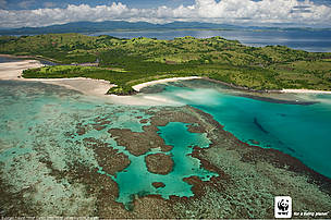 Aerial view of Camarines Sur coast and islands, Bicol, Philippines.