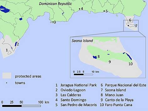 The south coast of the Dominican Republic, showing tagging locations and nearby features / ©: WWF/Marianne Fish. Basemap data - The Nature Conservancy. rel=