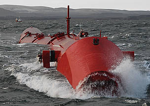 The snake-like Pelamis Wave Energy Converter is one of the world's first commercial systems to ... / ©: Pelamis Wave Power Red metal, jointed tubing moving in the sea waves. / ©: Pelamis Wave Power
