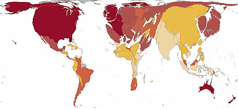 Total national footprints as a proportion of the global footprint are indicated by country size. ... / ©: WWF / Global Footprint Network Map rel=