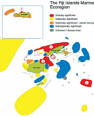 The Fiji Islands Marine Ecoregion Map. Click to view enlarged version of the map. / ©: WWF The Fiji Islands Marine Ecoregion Map. / ©: WWF