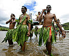 Fijian men celebrating the creation of a new Marine Protected Area, Vanua Levu, Fiji.