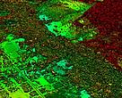 Where the carbon is - image shows an area of road building and development adjacent to primary forest in red tones, and secondary forest regrowth in green tones