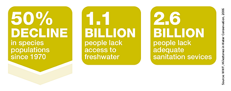 Freshwater Crisis: 50% decline in species populations since 1970; 1.1 billion people lack access to ... / ©: WWF rel=