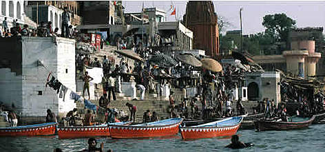 Typical daily scene along the Ganges River, with people bathing and having their ritual ablutions. ... rel=