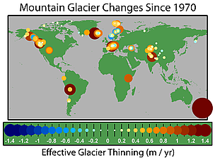 The map shows the average annual rate of thinning since 1970 for the 173 glaciers that have been ... / &copy;: Global Warming Art / Robert A. Rohde