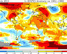 July 2011 global surface temperature anomalies.  The colors on the right side of the legend represent temperatures well above the long term (1951-1980) mean. The largest positive anomalies in July were in the Arctic and Antarctic