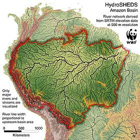 HydroSHED de la Amazonía. Alta - elevaciones Resolución datos utilizados para crear una base de ... / ©: WWF U.S., Geological Survey, ICTA, TNC, University of Kassel / ©: WWF U.S., Geological Survey, ICTA, TNC, University of Kassel
