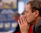 Kim Carstensen listening to the speakers at the opening of the WWF Arctic tent in Nytorv Square, COP15, United Nations Climate Change Conference, Copenhagen, Denmark. 