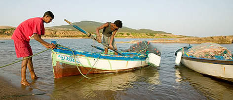 Pêcheurs déchargeant leurs prises, Sidi Mechreg, Tunisie. / ©: WWF-MEDITERRANEAN / E. PARKER rel=