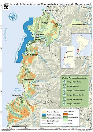 Mapa del área de influencia de las comunidades de Mapu Lahual, en la costa de la Provincia de ... / ©: WWF Chile / ©: WWF Chile