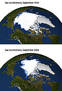 Sea ice extent comparison at the Arctic - mimumum ice reach comparison between 1979 and 2008. / &copy;: NASA
