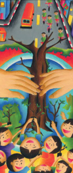 A tree, children and children cycling. International Children’s Painting Competition on the ... / ©: Paint for the Planet - Netpakaikarn Netwong, Thailand / ©: Paint for the Planet - Netpakaikarn Netwong, Thailand