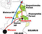 The Polish government's preferred route for the Via Baltica expressway via Bialystok and protected areas (red) and the alternative route via Lomza (blue), which bypasses the protected areas.<BR>