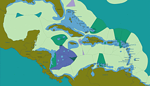 Political boundaries in the Caribbean Sea. / &copy;: Defying Ocean End, Conservation Mapping Program, GIS & Mapping Laboratory of the Center of Applied Biodiversity Science at Conservation International, 2003