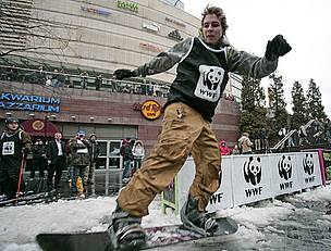 At a WWF action in Poznan, snowboarders performed a series of tricks expressing their support for urgent action against rising temperatures.