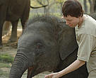 Trainer Tuire Kaimio with a baby elephant