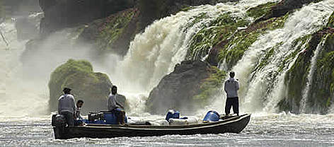 Members of the Jari Expedition (incuding WWF) at the Cachoeira do Desespero waterfall, Tumucumaque ... / ©: Zig Koch rel=