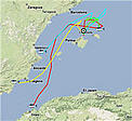 View map that shows the travels of 4 bluefin tuna that were tagged in 2008. / &copy;: Google