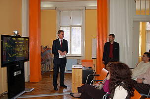 British ambassador to Bulgaria Steve Williams talks to business leaders at Sofia-Bucharest videolink discussion on low carbon economy