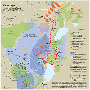 Gorrila territory affected by war, mining and logging. The pressure on protected areas by militias ... / ©: Riccardo Pravettoni / UNEP-Grid-Arendal Sources: UNOCHA, series of maps; The Woods Hole Research Center, UNFCCC-COP, Reducing Co2 Emissions from Deforestation And Degrada- tion in The Democratic Republic of Congo: A First Look, 2007; Institut Géographique National congolaise; Global Witness, “Faced with a gun, what can you do?”, 2009; The Guardian press release. Gorrila territory affected by war, mining and logging. The pressure on protected areas by militias ... / ©: Riccardo Pravettoni / UNEP-Grid-Arendal Sources: UNOCHA, series of maps; The Woods Hole Research Center, UNFCCC-COP, Reducing Co2 Emissions from Deforestation And Degrada- tion in The Democratic Republic of Congo: A First Look, 2007; Institut Géographique National congolaise; Global Witness, “Faced with a gun, what can you do?”, 2009; The Guardian press release.