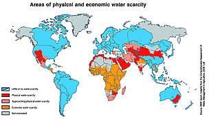 Map showing coloured areas in the world suffering from physical or economic water scarcity. ... / ©: IWMI 2006 / ©: IWMI 2006