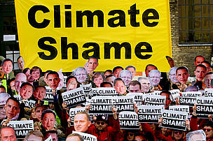Mass 'Climate Shame' demonstration outside the Klimaforum temporary building, where all NGO's set up a new base after being denied further access to the Bella Centre.